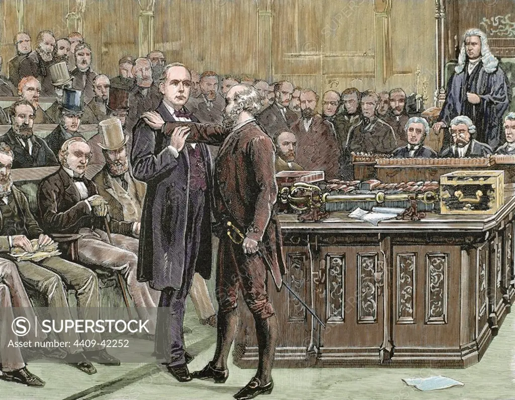 Brandlaugh, Charles (1833-1891). English politician. Brandlaugh deputy arrested for refusing to leave the Chamber of Commons. Colored engraving.