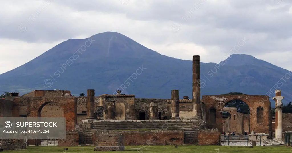 Italy. Pompeii. Ruins of forum and Vesuvian Volcano.