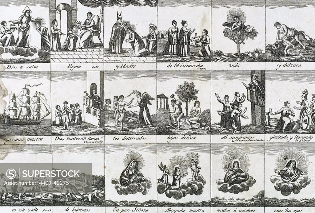 Popular religious imagery. Engraving depicting different scenes of a prayer to the Virgin.