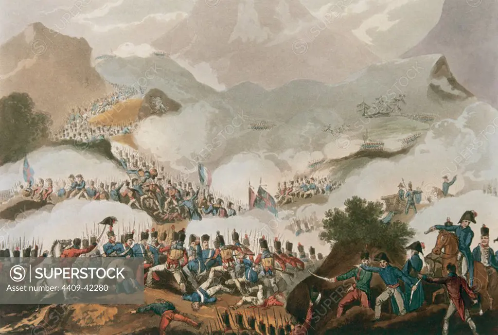 SPANISH WAR OF INDEPENDENCE. BATTLE OF THE PYRENEES (July 28, 1813). Spanish and british offensive against French imperial armies in the peninsula. Colored engraving of the nineteenth century.