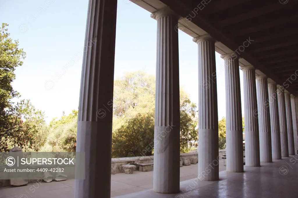 Greek Art. The Stoa of Attalos (Atallus). It was built by and named after King Attalos II of Pergamon who ruled between 159 BC and 138 BC. In the years 1953-1956 the Stoa was reconstructed. Ancient Agora from Athens. Central Greece. Attica. Europe.