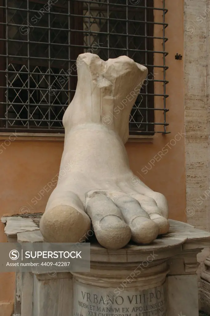 Constantine I, The Great (272-337). Roman Emperor. Best known for beign the first christian roman emperor. Foot of Constantine's colossal Statue at the Capitoline Museums. Rome. Italy.