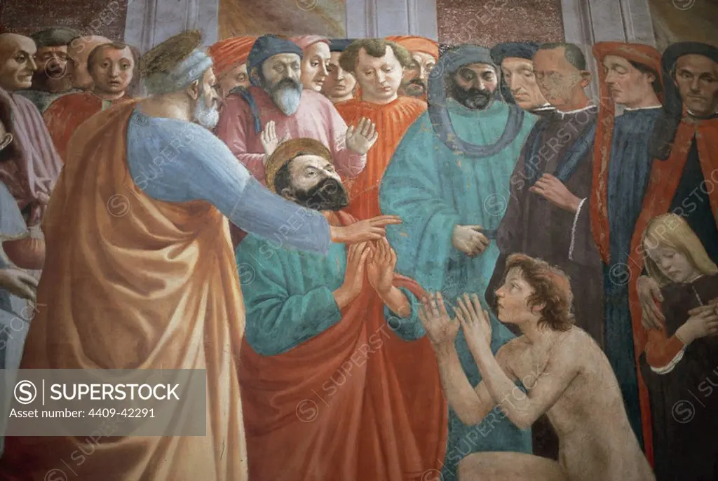 Masaccio (1401-1428). Painter of the Quattrocento period of the Italian Renaissance. Resurrection of the Son of Theophilus. 1425. Fresco in the Brancacci Chapel in Santa Maria del Camine, Florence. Italy.