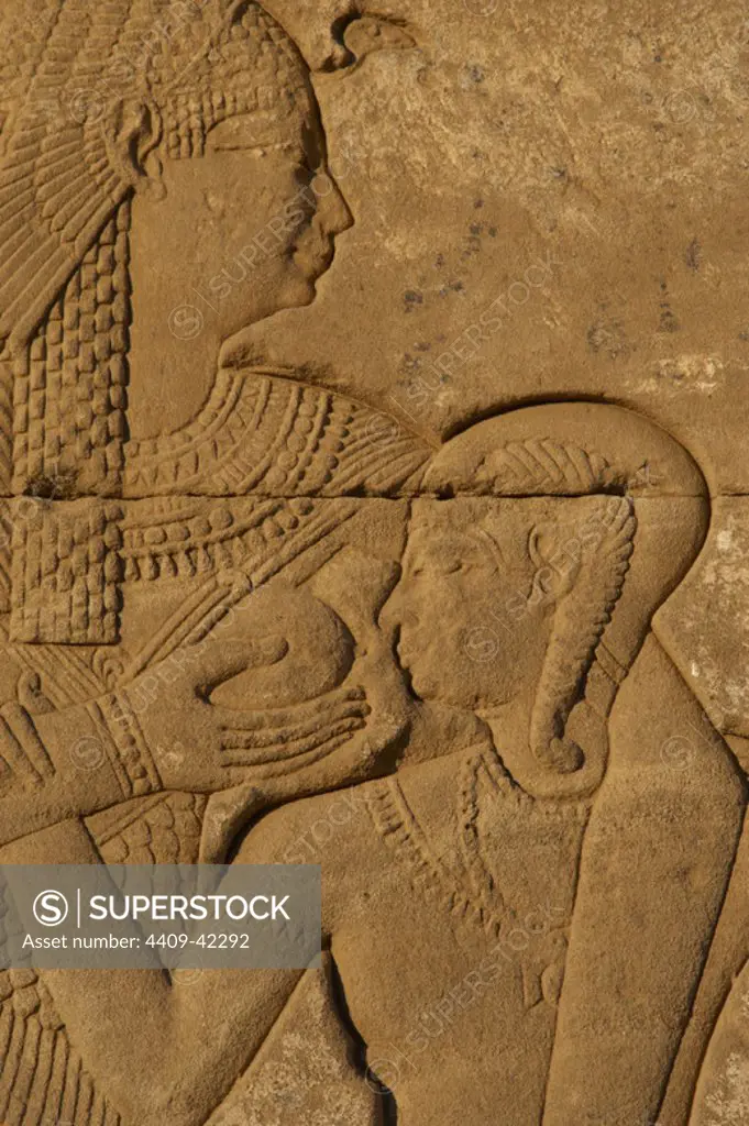Egypt. Dendera. Temple complex. Roman Birth House of Mammisi. Goddess Hathor suckling her son. Relief.