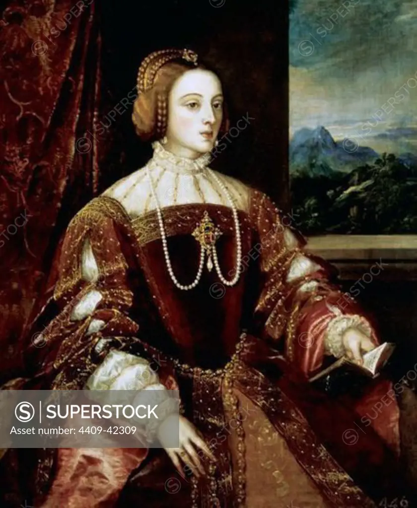 Isabella of Portugal (1503-1539). Queen of Spain and Empress of Germany (1526-1539). Wife of Charles I. Portrait, 1548 by Titian (h.1485-1576). Oil on canvas. Italian school. Museo del Prado. Madrid. Spain.