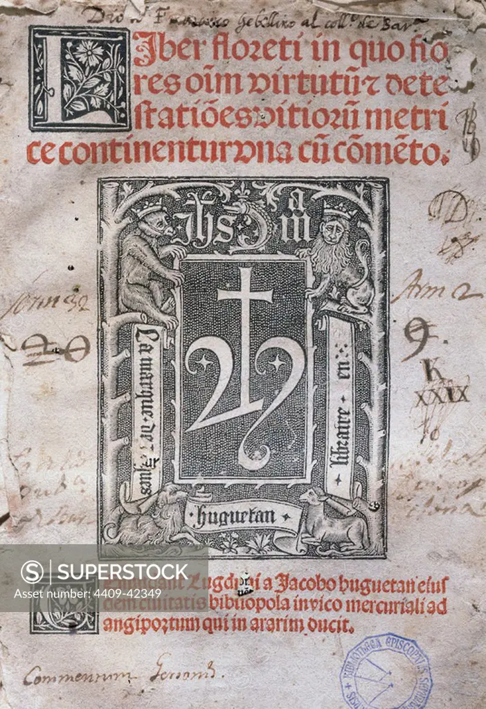 Bernard of Clairvaux (1090-1153). French writer and philosopher. Liber florenti: in quo flores omnium virtutum et destetationes vitiorum metrice continentur. Title cover. Leiden, 1509.