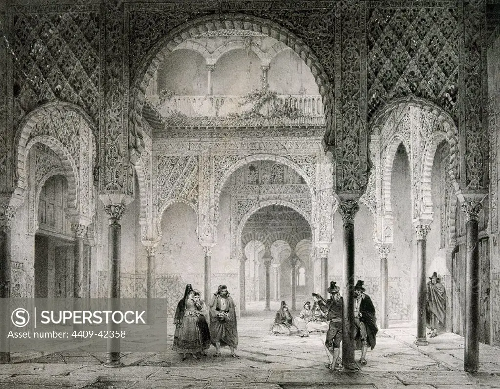 SEVILLA. Vista del Patio de los Muñecos, en el Alcázar. Andalucía. Grabado del año 1837. S. XIX.