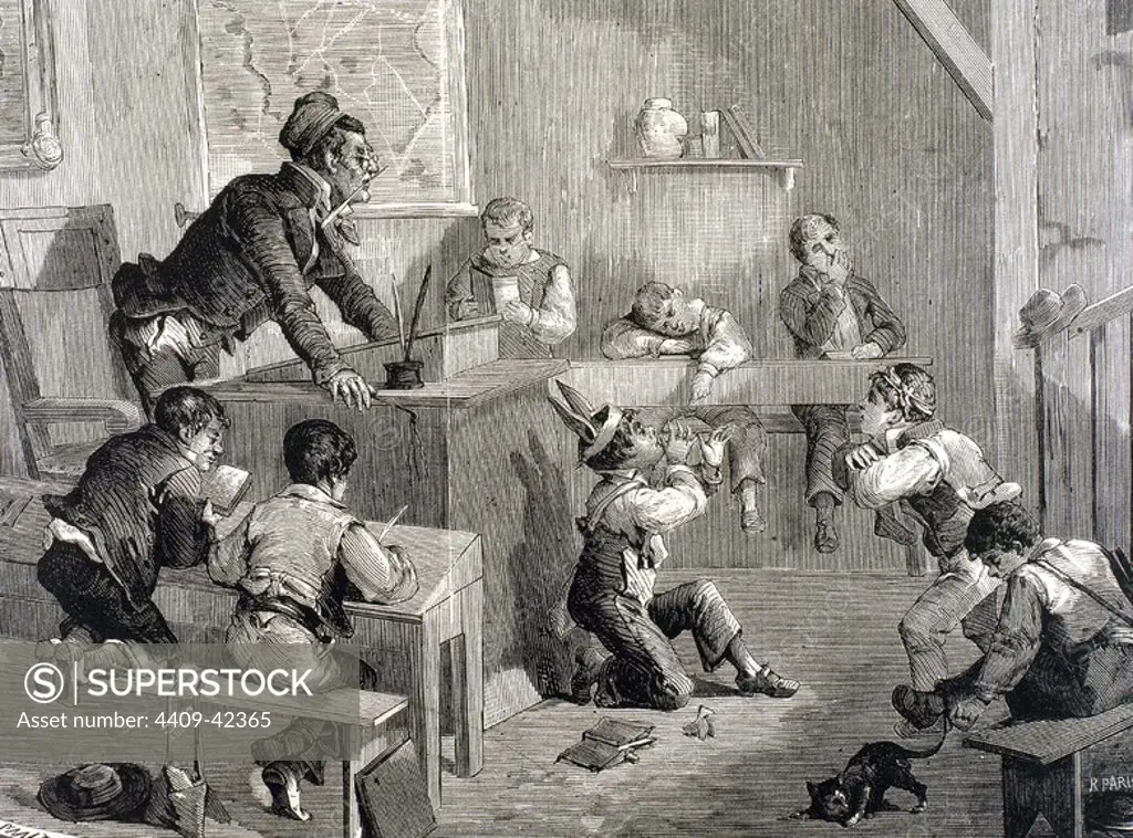 DISORDER IN SCHOOL. Engraving by Paris in 1878.
