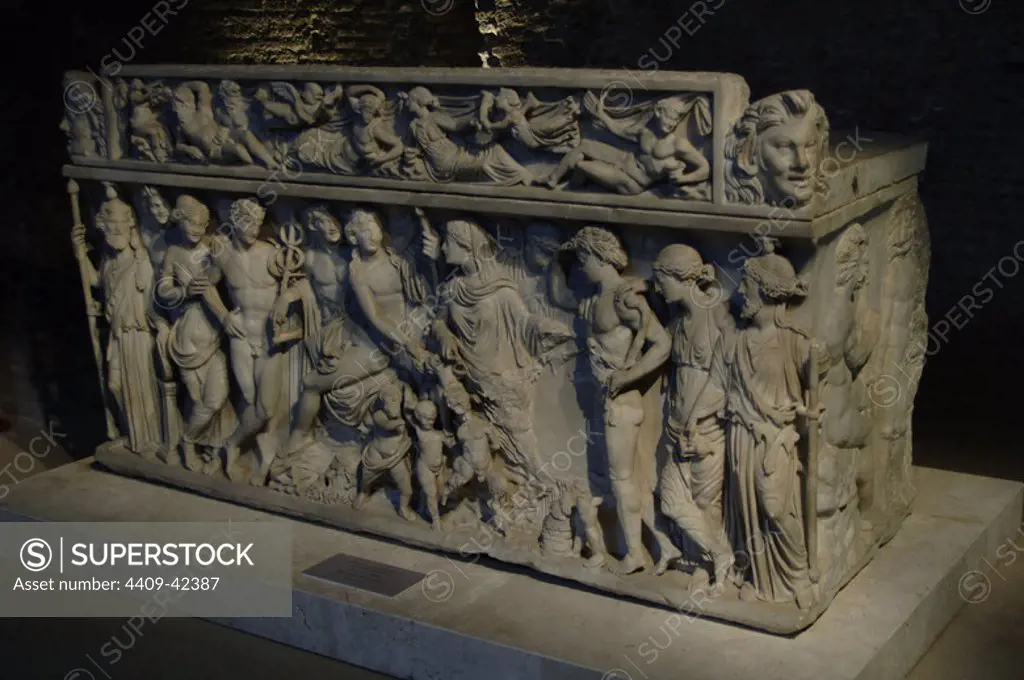 Sarcophagus depicting Dionysus and his wife, Ariadne. Came from the area via Labicana. Dated in the first decade of the 3rd century AD. National Roman Museum. Baths of Diocletian. Rome. Italy.