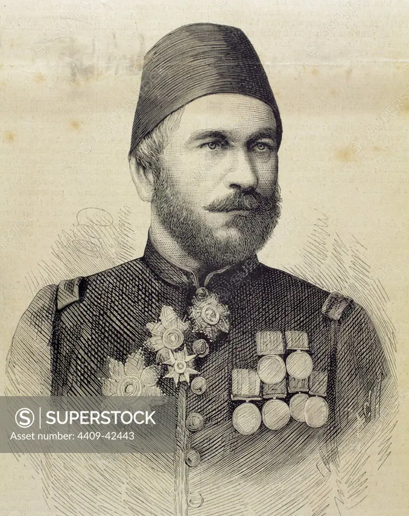 Muhammad Ali Pasha (b. 1829). General in chief of the Turkish army in Bulgaria. Engraving by Arturo Carretero Sanchez (1852-1903) in The Spanish and American Illustration, 1877.