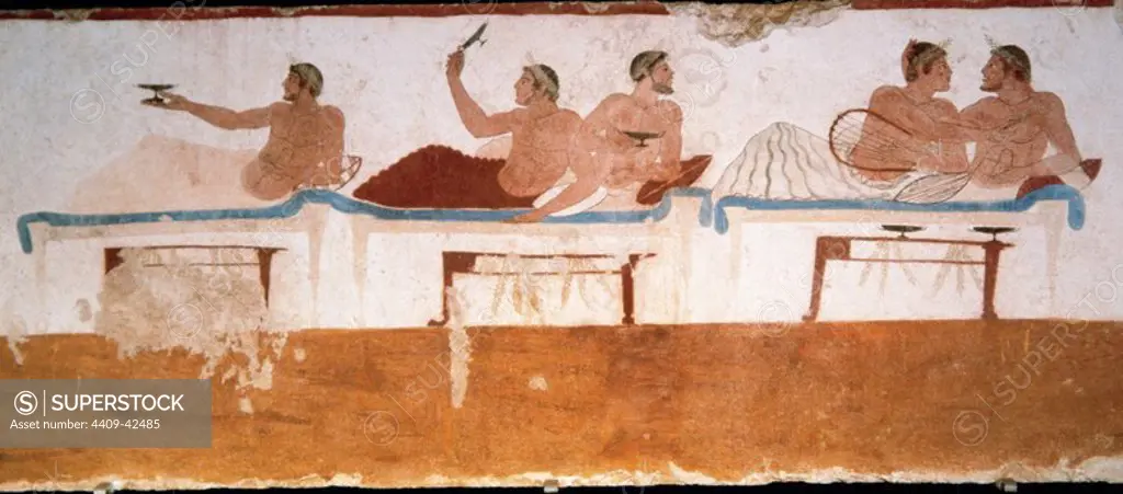 Greek art. Tomb of the Diver. 5th century BC. Using a true fresco technique. Symposium, north wall. National Museum of Paestum. Italy.