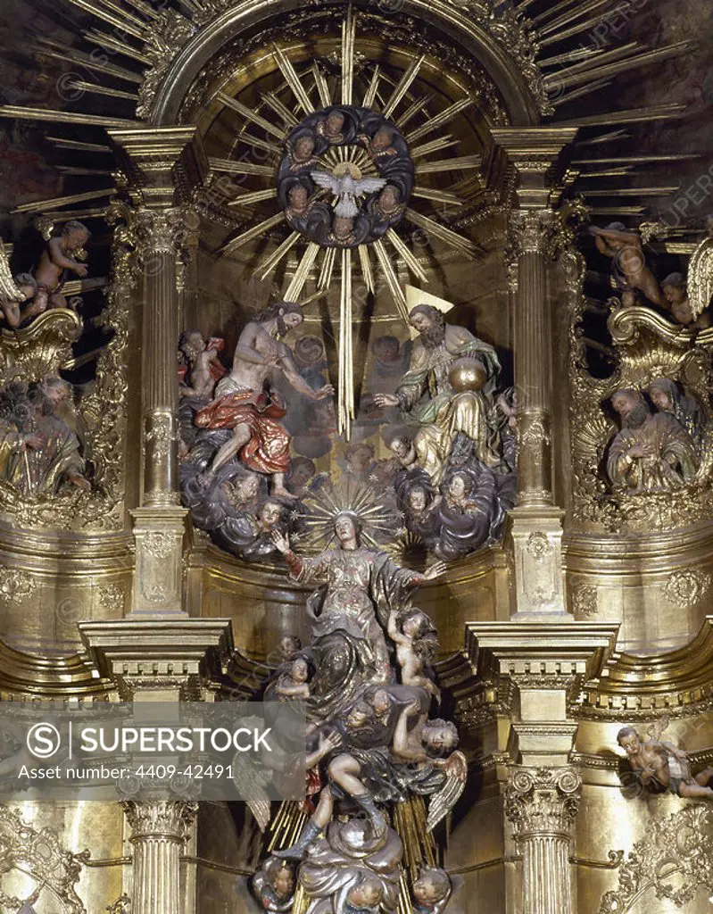 Spain. Galica. Mondonedo Cathedral. Altarpiece. Made in 1769 by Francisco Teran. Virgin accompanied by angels that lead to the Trinity.