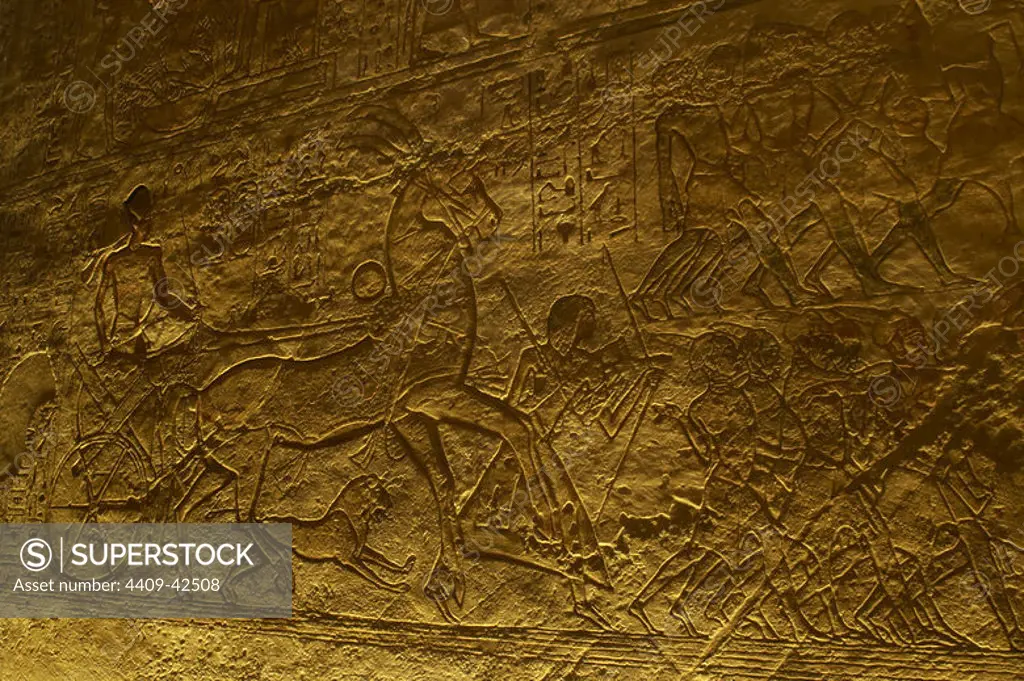 Egyptian art. Great Temple of Ramses II. 19th Dynasty. Military campaign against the Hittites. Ramses II at the Battle of Kadesh. 19th Dynasty. New Kingdom. Abu Simbel. Egypt.