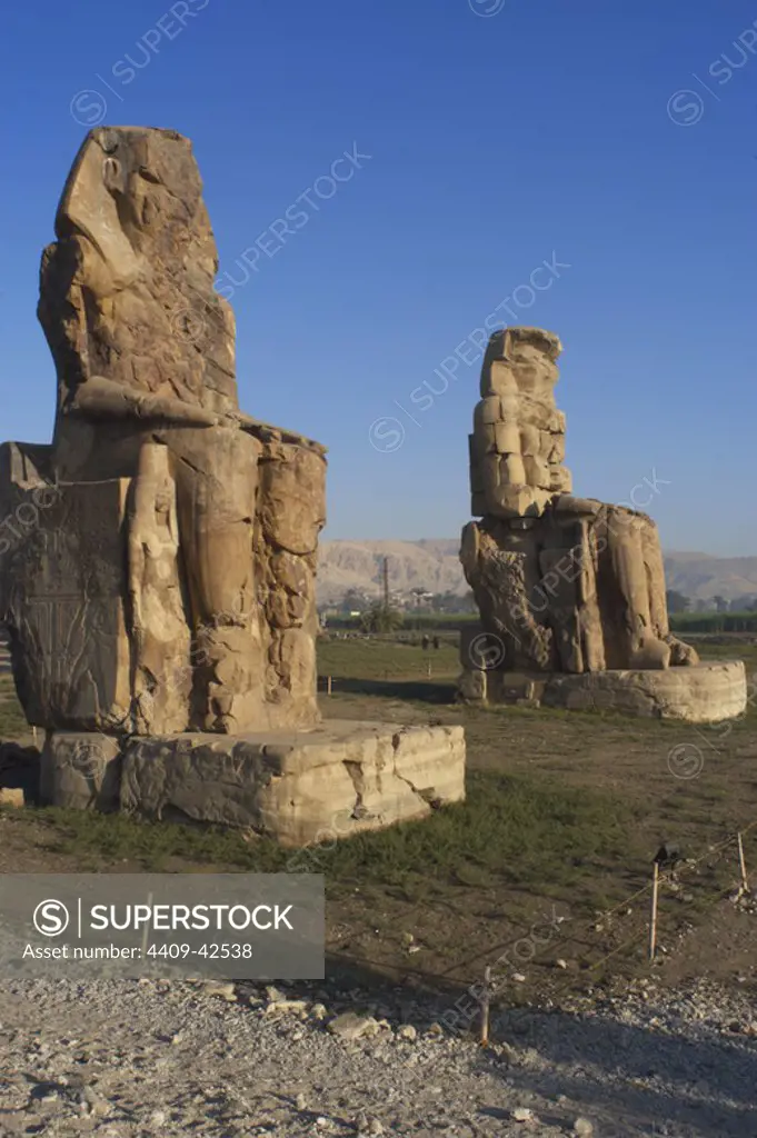 Colossi of Memnon. Stone statues depicting pharaoh Amenhotep III (14th century B.C.) in a seated position. Panoramic view. Eighteenth Dynasty. New Kingdom. Luxor. Egypt.