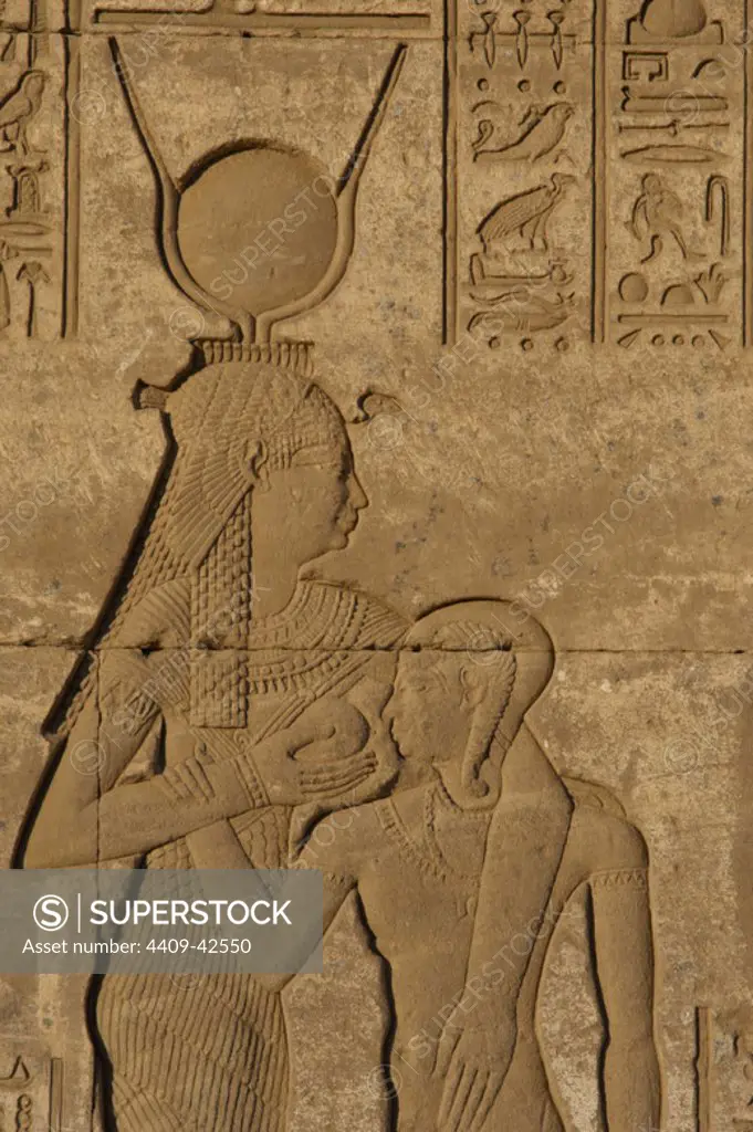 Egypt. Dendera. Temple complex. Roman Birth House of Mammisi. Goddess Hathor suckling her son. Relief.