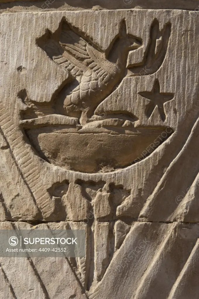 Egyptian Art. Temple of Kom Ombo. Ptolemaic Dynasty. 2nd century B.C. Dedicated to the crocodile god Sobek and falcon god Haroeris. Bird. Relief.