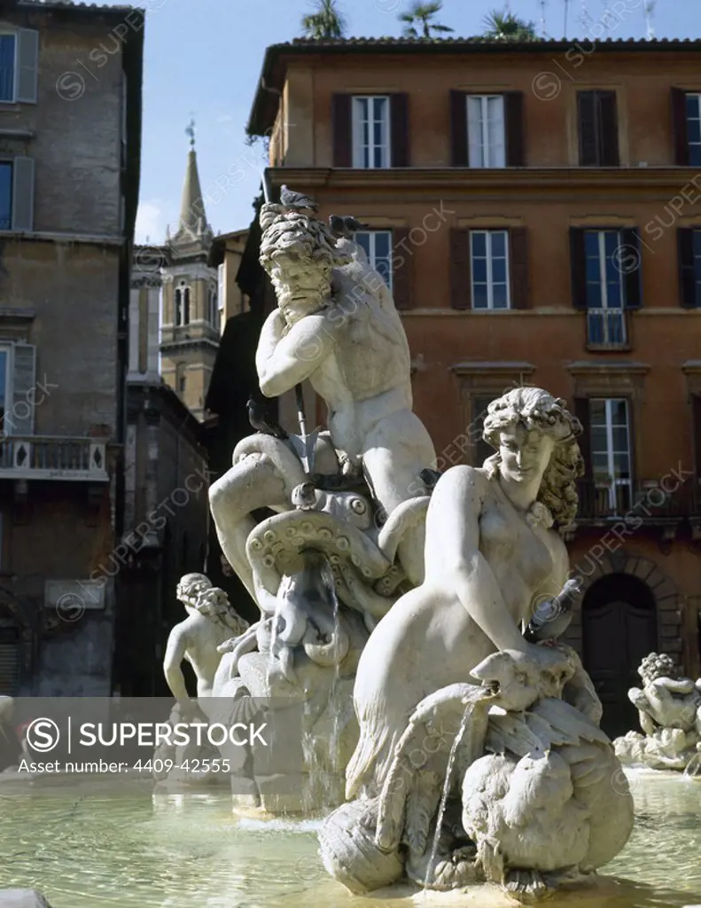 Neptune fighting an octopus, sculpted by Della Bitta in 1878, Fountain of Neptune. Piazza Navona. Rome. Italy.