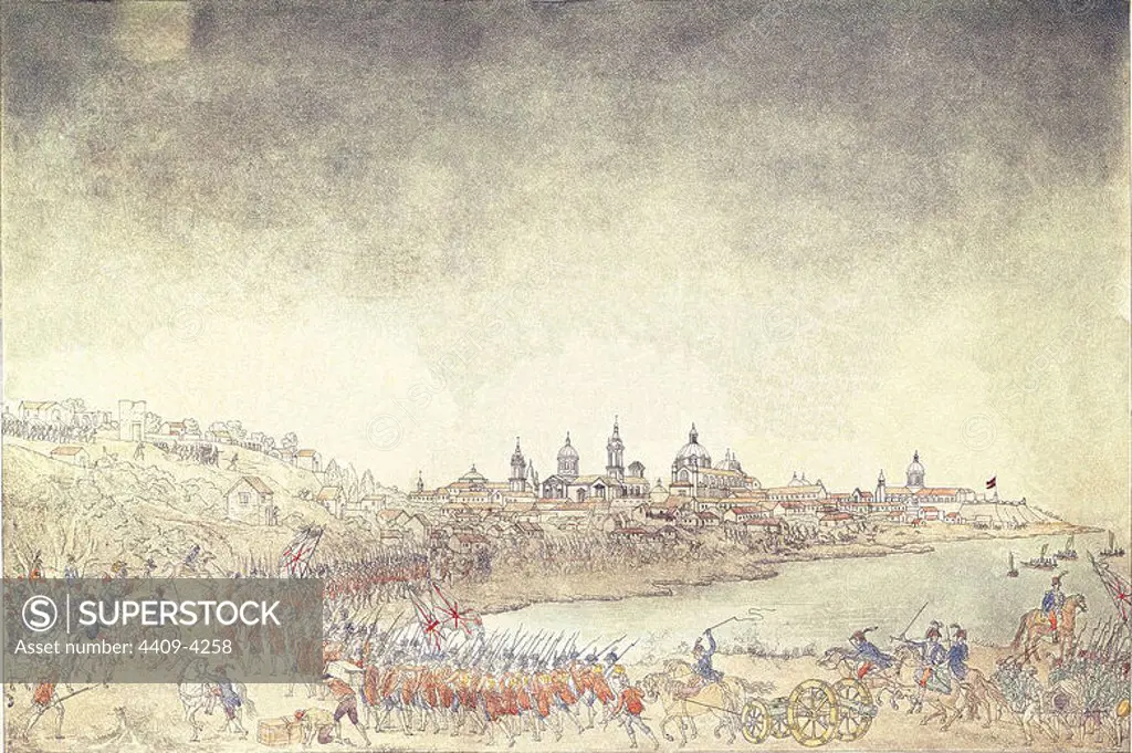 The army of British invadors being driven back by the Spanish while attacking Buenos Aires (Liniers). 1807. Engraving. Madrid, Naval Museum. Author: CARDANO JOSE. Location: MUSEO NAVAL / MINISTERIO DE MARINA. MADRID. SPAIN. LINIERS SANTIAGO DE.
