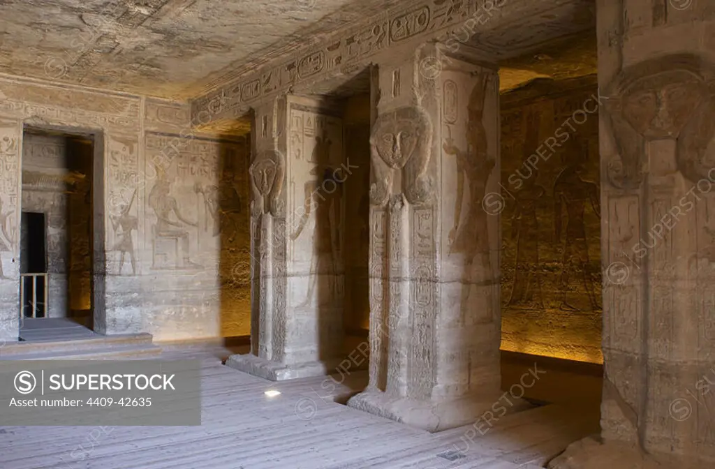 Egyptian art. Small Temple or Temple of Hathor. Inside view. Pillar carved with the bust of the goddess Hathor. 19th Dynasty. New Kingdom. Abu Simbel. Egypt.