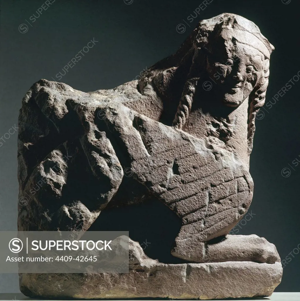 Iberian sphinx with lion body. It comes from Haches Bogarra (Albacete). Albacete Museum. Castile-La Mancha. Spain.