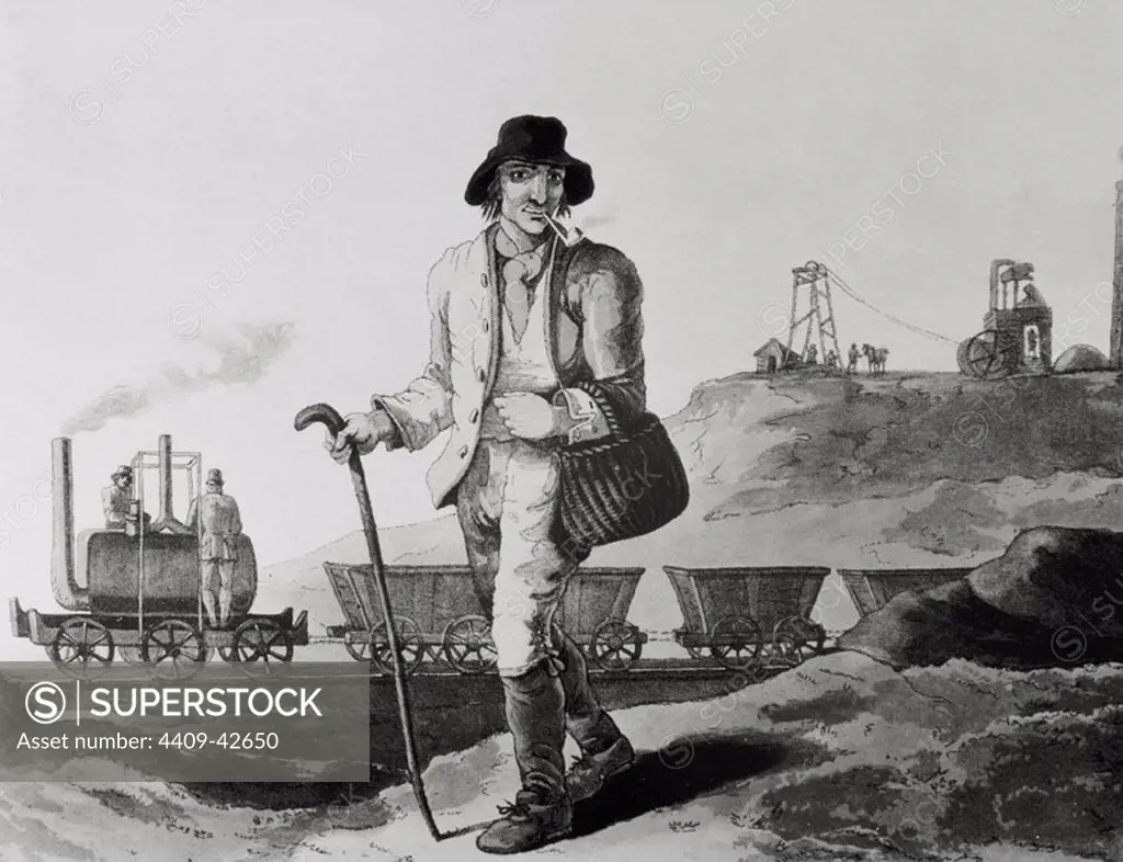 Industrial Revolution. Nineteenth century. English miner and transport of coal mined. Engraving after a watercolor (1814) by George Walker.