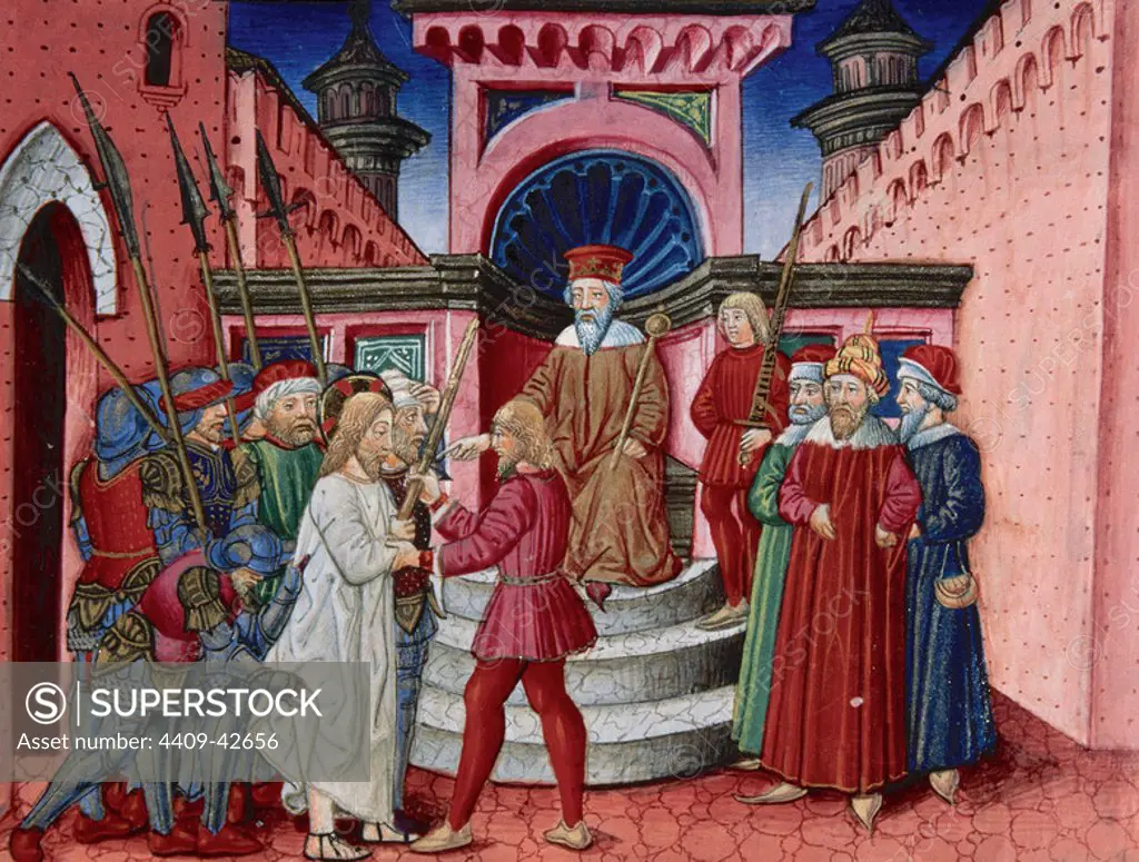 Herod interrogates Jesus. Codex of Predis (1476). Royal Library. Turin. Italy.