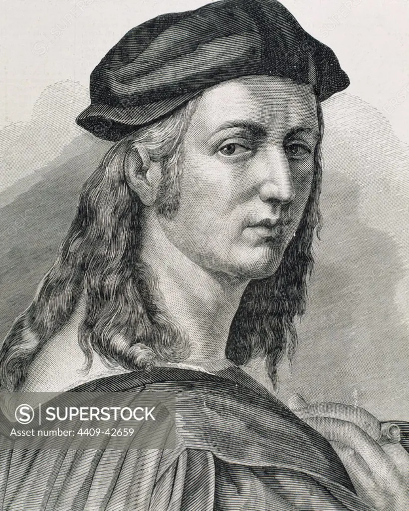 Raphael (1483-1520). Italian painter and architect of the High Renaissance. Portrait. Engraving.