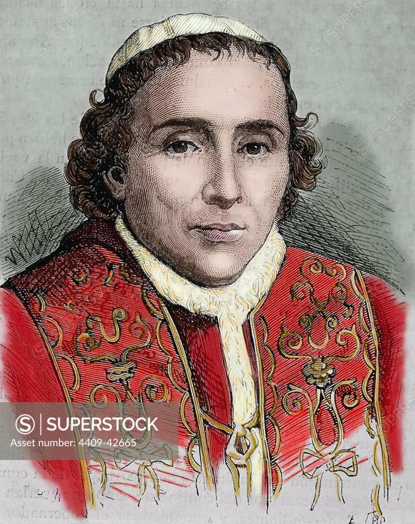 PIUS VII (1740-1829). Italian pope, named Luigi Barnaba Gregorio Chiaramonti. Elected in 1800 in Valence. He crowned Napoleon in Paris (1804). Engraving. Colored.