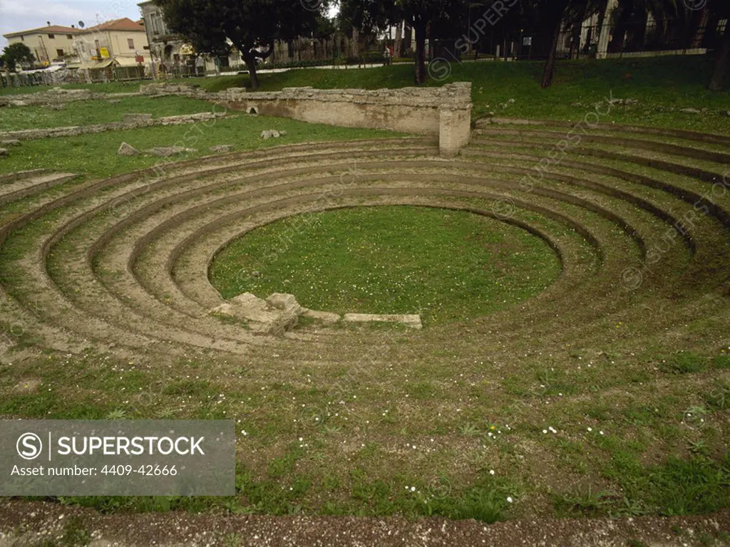 Italy. Paestum. The ekklesiasterion, civic building of the Hellenistic period. It is an open outdoor area located mostly in or near the theater for holding the city assembly. 5th century B.C.