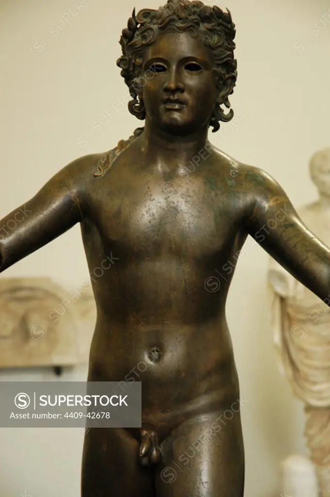 Roman statue of a young boy with crown. 1st century AD. Bronze. Detail. From Xanten, Germany. Pergamon Museum. Berlin. Germany.