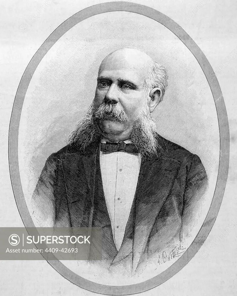 Francesc Rius i Taulet (1833-1889). Spanish lawyer and politician. Mayor of Barcelona during the years 1874, 1881 and between 1885-1889. Main driver of the Universal Exposition of 1888, who presided as mayor, and all experienced Barcelona urban reforms at the event. Engraving of 'The Spanish and American Illustration'.