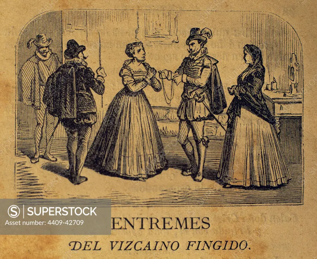 Miguel de Cervantes (1547-1616). Spanish writer. Short farce The Biscayan feigned (El Vizcaino fingido). Engraving. 1868. Private collection.