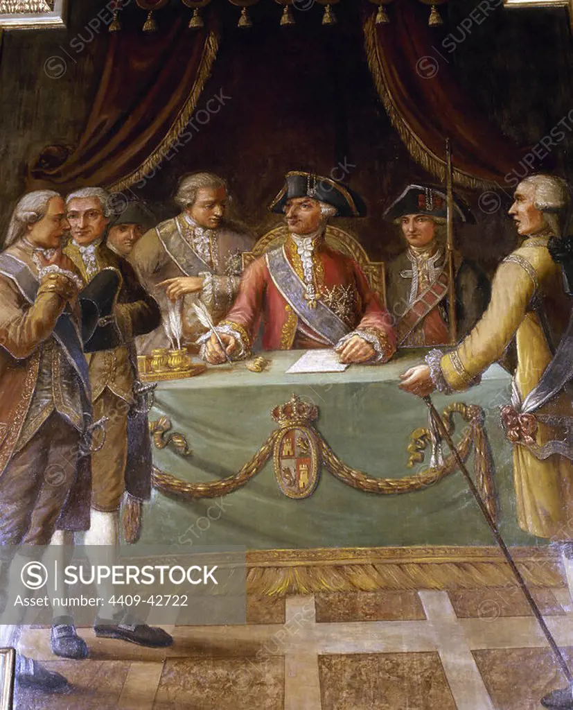 Charles III (1716-1788). King of Spain. Charles III lowers the tax of foreigners to promote the Spanish trade with the Indies. Painting by Pere Pau Muntanya. Barcelona. Spain.