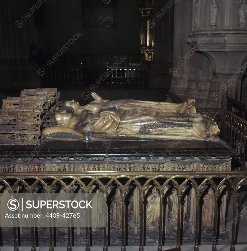 CARLOS III, el Noble (Nantes, 1361-Olite, 1425). Rey de Navarra (1387-1425). Se casó en 1373 con Leonor de TRASTAMARA. Tumba del monarca con su esposa en la Catedral de Pamplona. Navarra.