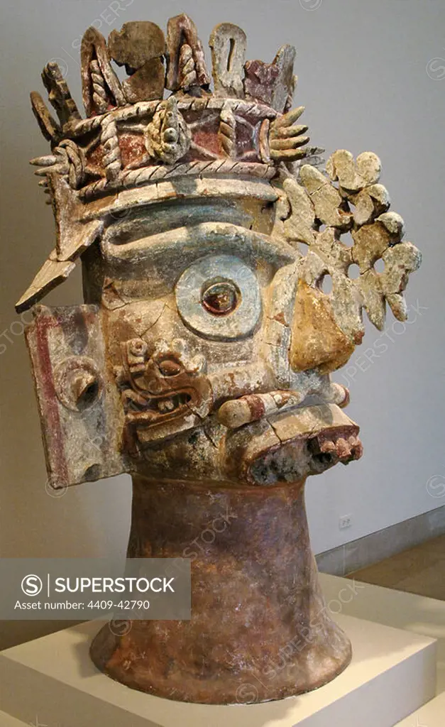 Censer representing the god of rain Tlaloc. Postclassical period (1300-1521). Mixtec Culture. Ceramic, stucco, tufa and paint. Teotitlan del Camino (State of Oaxaca, Mexico). Dallas Museum of Art, State of Texas. United States.