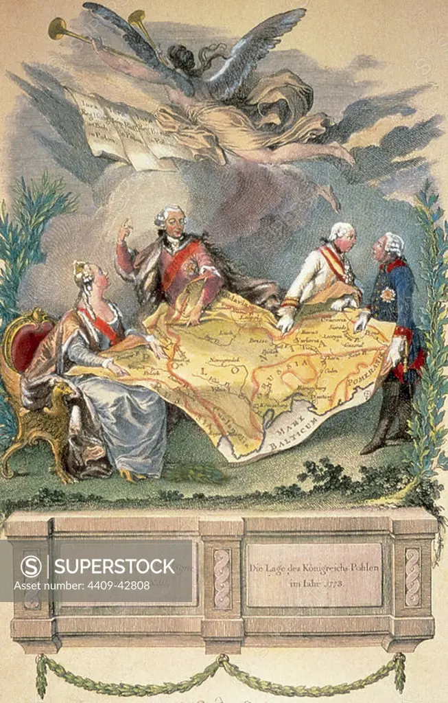 POLAND. XVIII Century. Allegory of the First Division: Catherine II, Stanislaus Poniatowski, Joseph II and Frederick II vie the MAP OF POLAND. Engraving by J. E. NILSON (1773).