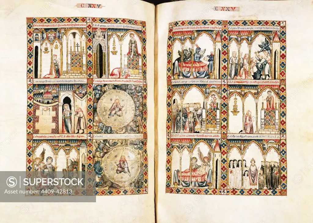 The Cantigas de Santa Maria (Canticles of Holy Mary). Are 420 poems with musical notation, written in Galician-Portuguese during the reigh of Alfonso X El Sabio (1221-1284) and often attributed to him. Manuscript El Escorial. National heritage.