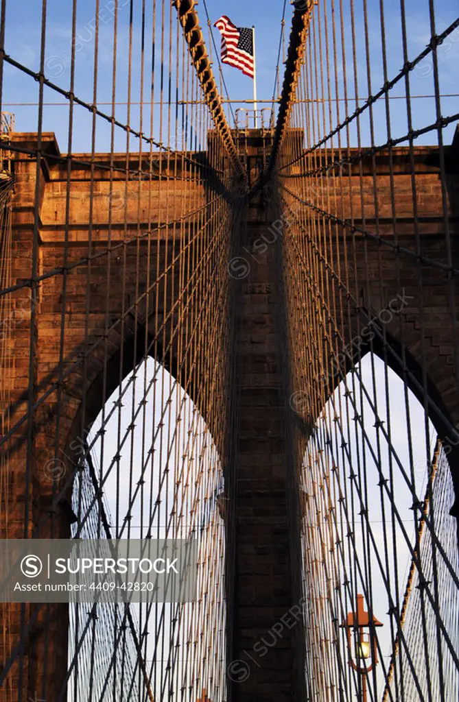 United States. New York. Brooklyn bridge. Designed by John Augustus Roebling. Was opened in 1883. Detail.