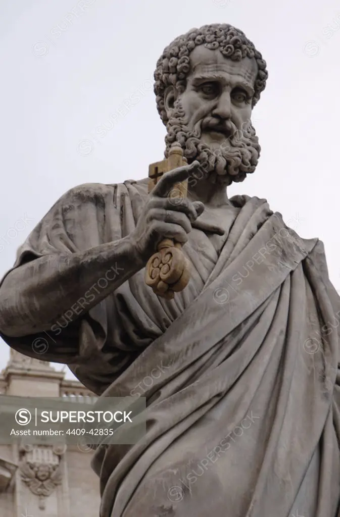 Vatican City. St. Peter holding the key to the gates of heaven. Statue by Giuseppe de Fabris (1790-1860). It is located in front of Saint Peter's basilica.