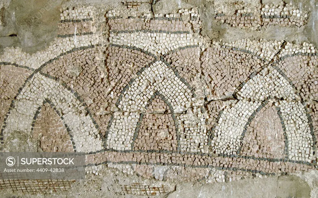 Roman Art. Mosaic in the courtyard of the Butrint Museum. Detail. Albania.