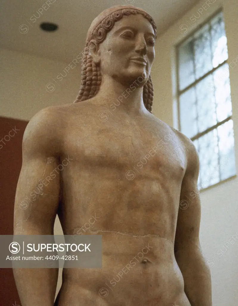 Greek art. Archaic Age. The Kroisos kouros. Marble of Paros. Located in Anavyssos (Attica). Dated ca. 520 b.C. National Archaeological Museum. Athens. Greece.