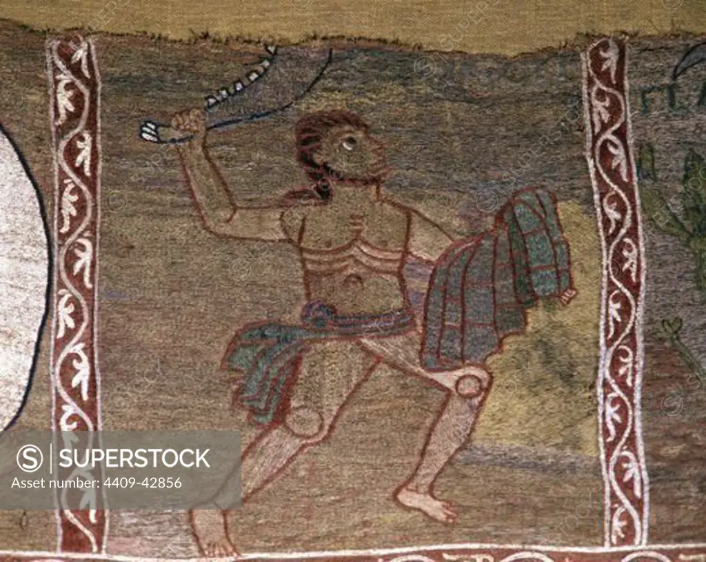 Romanesque Art. 11th century. Tapestry of Creation or Girona Tapestry. Samson with the jawbone of an ass in his hand. Museum of the Cathedral of Girona. Catalonia. Spain.