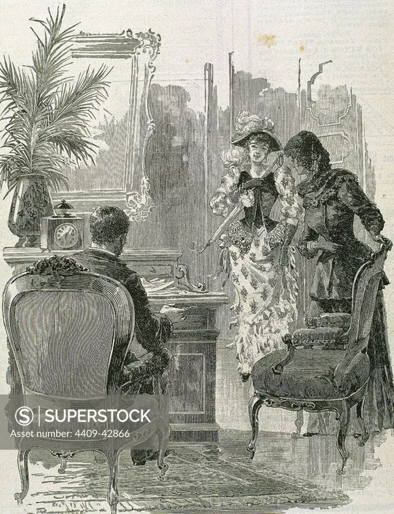 Lady and gentleman. Engraving by Bonamore. 1891.