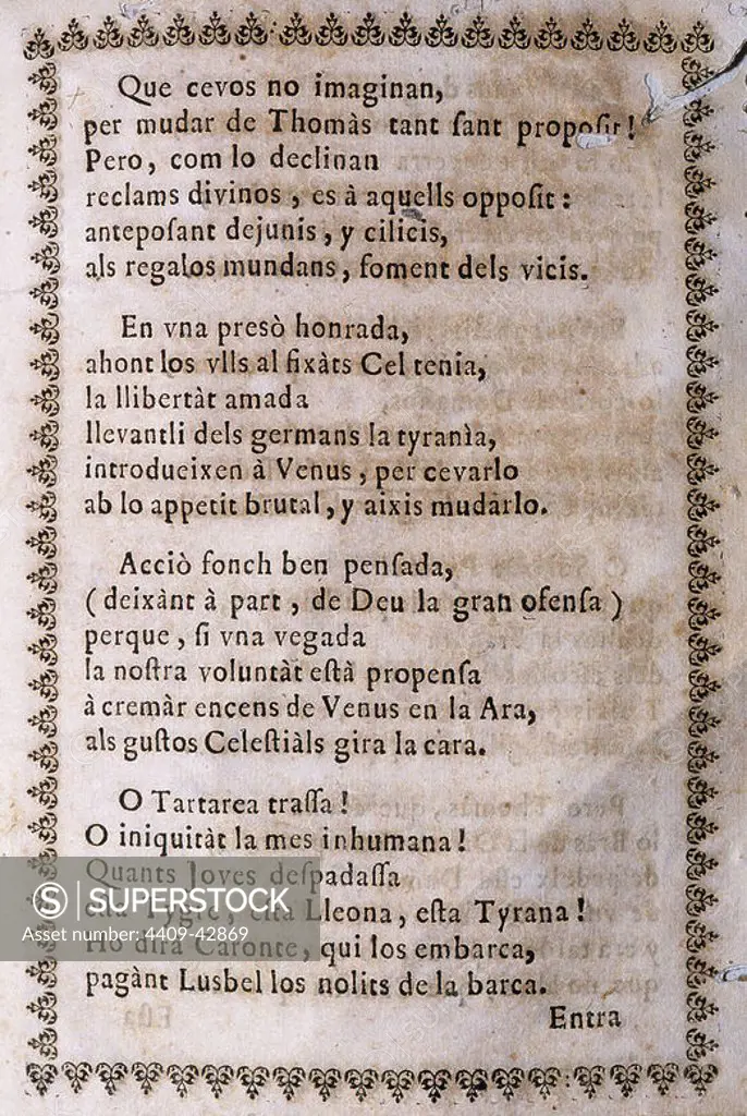 LITERATURA CATALANA. SIGLO XVIII. LLANÇA Y PALAU, Tomás. "EN APLAUSO DEL DOCTOR ANGELICH SANT THOMAS DE AQUINO" (7 de marzo de 1733). Barcelona.