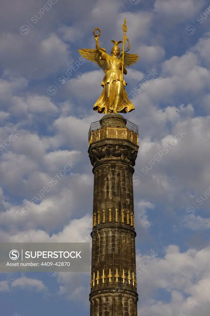 Germany. Berlin Victory Column. Designed by the German architect Heinrich Strack (1805-1880), after 1864. It commemorates the Prussian victory in the Danish-Prussian War although, as the monument was inaugurated in 1873, Prussia has also victorious in the Austro-Prussian War and in the Franco-Prussian War. On the top, is a bronze sculpture of Victoria, designed by the German sculptor Friedrich Drake (1805-1882). Tiergarten Park.