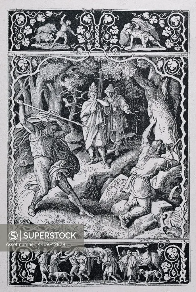 Nibelungenlied. 13th century. Anonymous german epic poem based on the legends of Siegfried and the people of the Nibelungs. First part. Chant XVI. Siegfried killed by Hagen while hunting. Engraving, 19th century.