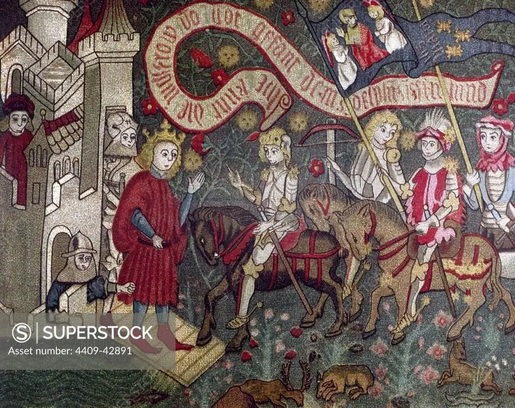 Charles VII of France receiving Joan of Arc at the Castle of Chinon. 1429. German tapestry. Episode of the Hundred Years War (1337-1453). Museum of Orleans. France.