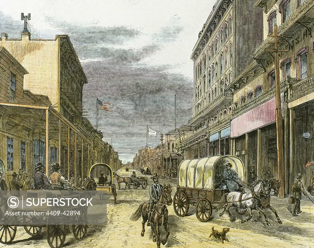 Virginia City in 1870. Main street. United States. Engraving.