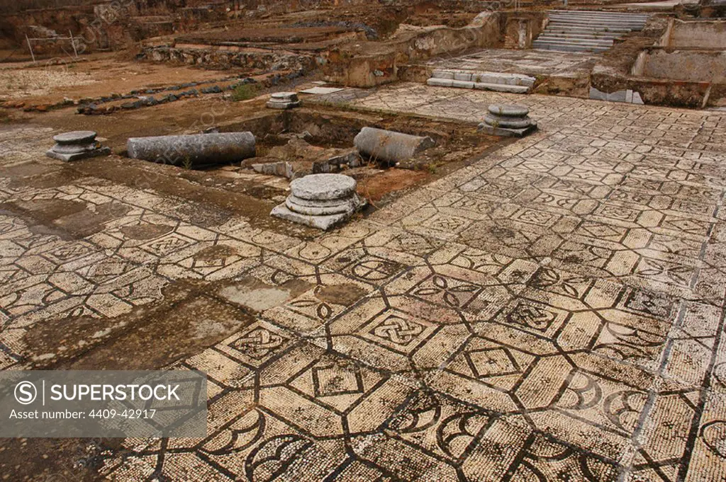 Pisoes Roman Villa (1st to 4th century A.D.). Floor mosaic. Near Beja. El Alentejo. Portugal.