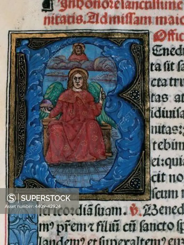 Missal. Initial detail. Jesus in throne with God in the clouds. Latin. Codex 9. 1524. Printing Rosenbach (Barcelona, Spain). Chapter Archive of Tortosa. Catalonia. Spain.